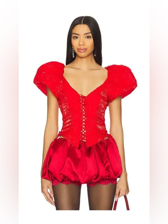 REVOLVE Tops - REVOLVE For Love & Lemons Red Lace-Up Puff Sleeve Corset Top NWT Small